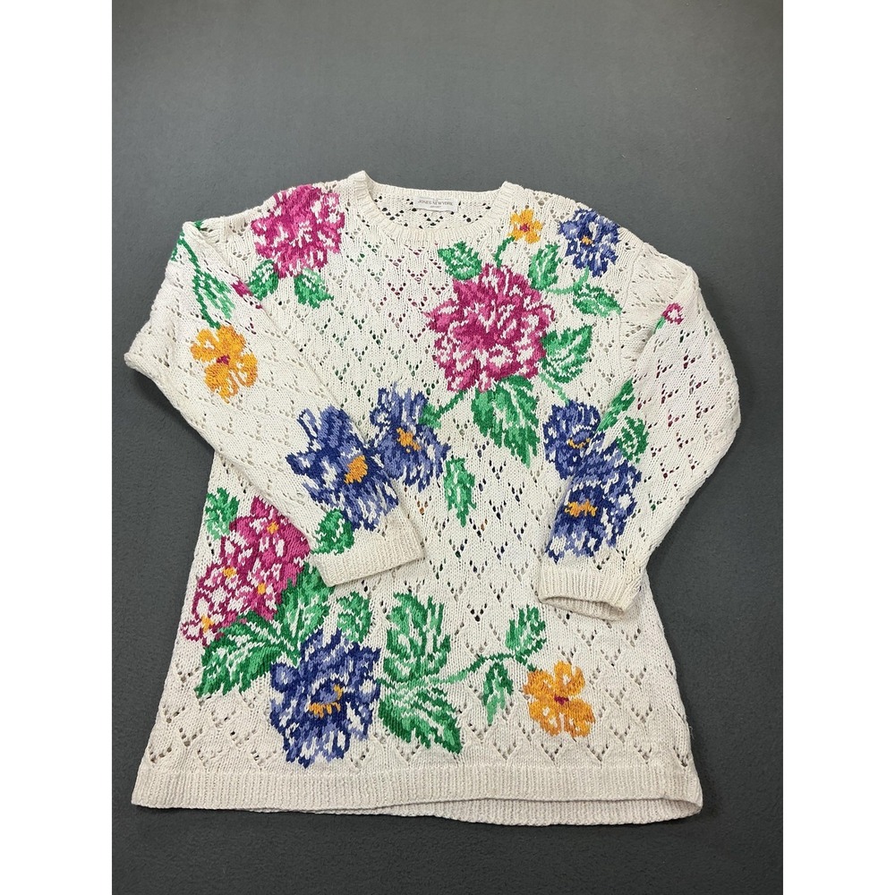 Vintage Jones New York Sweater Womens Medium Floral Hand Knit‎ Pullover 80s